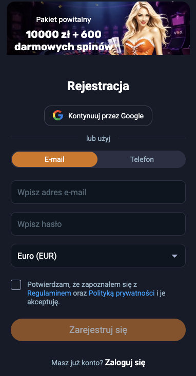 Vox Casino rejestracja